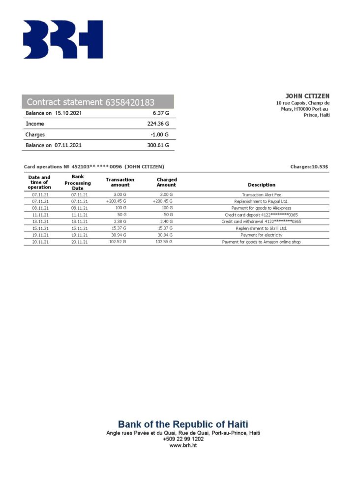Haiti BRH bank statement template in Word and PDF format