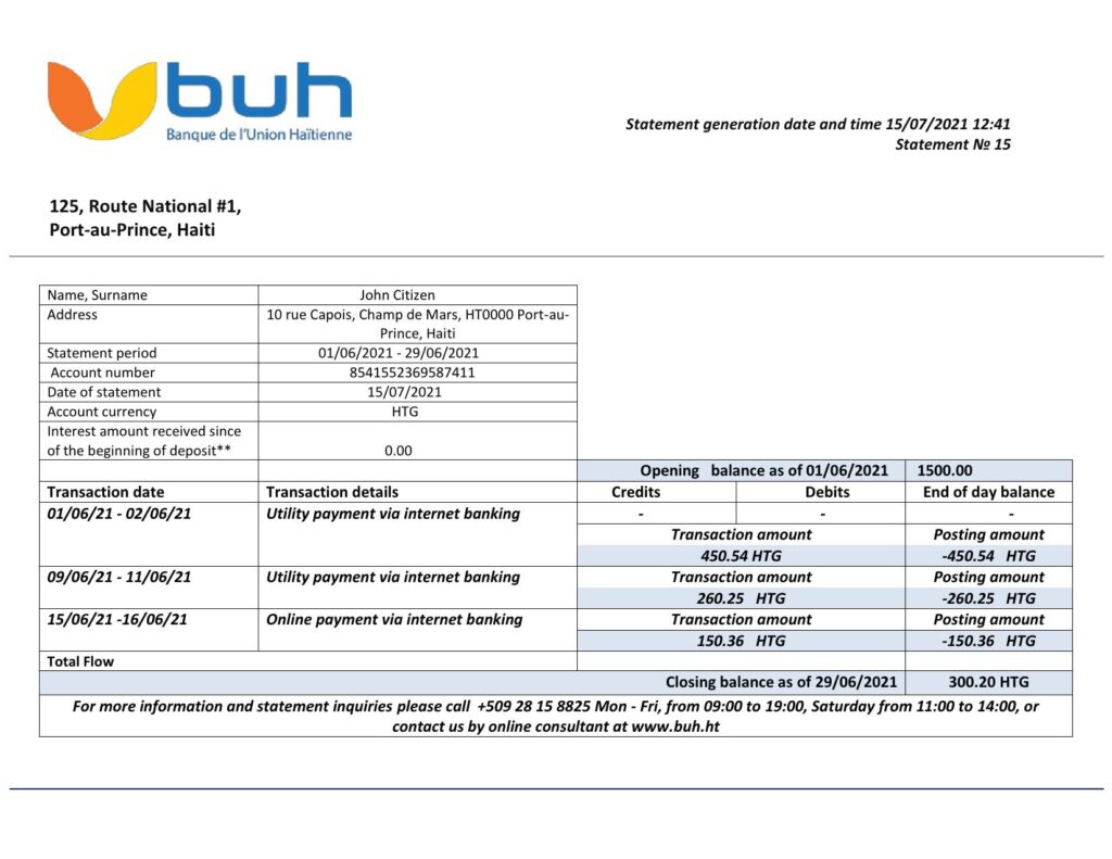 Haiti BUH bank statement template in Word and PDF format