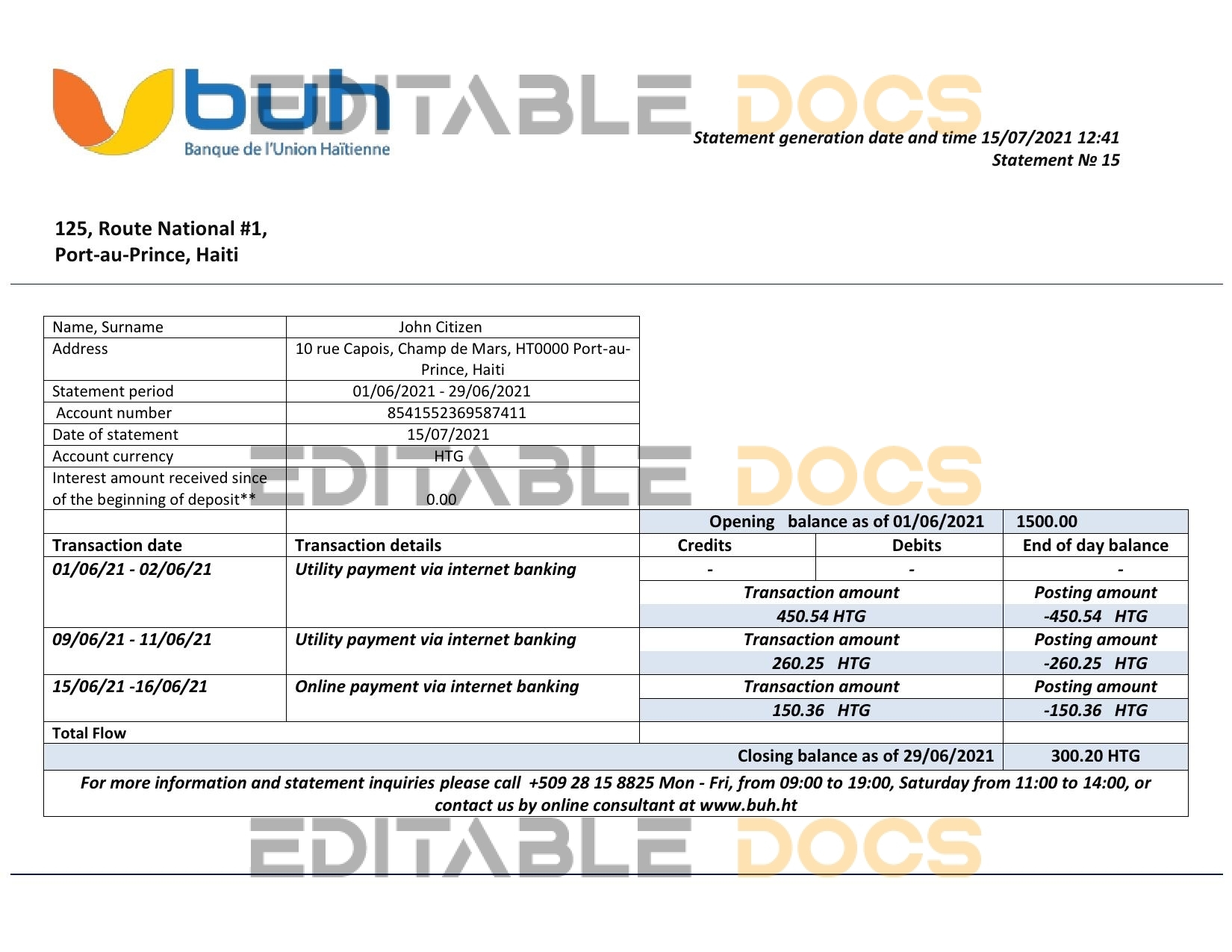 Haiti BUH bank statement template in Word and PDF format