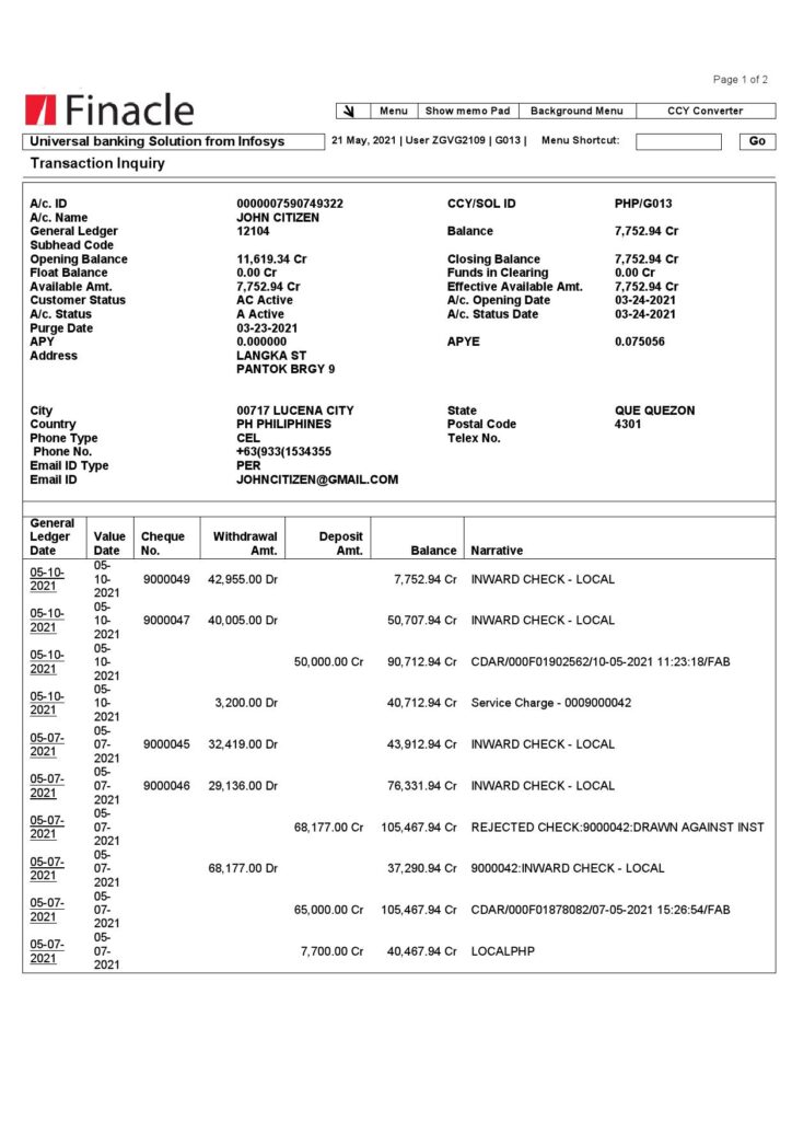 India Finacle bank statement in Word and PDF format (2 pages)