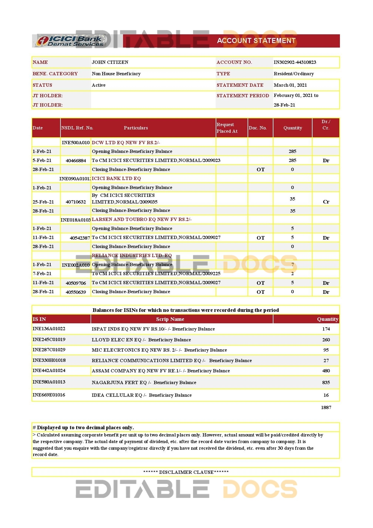 India ICICI Bank statement template in .xls and .pdf file format