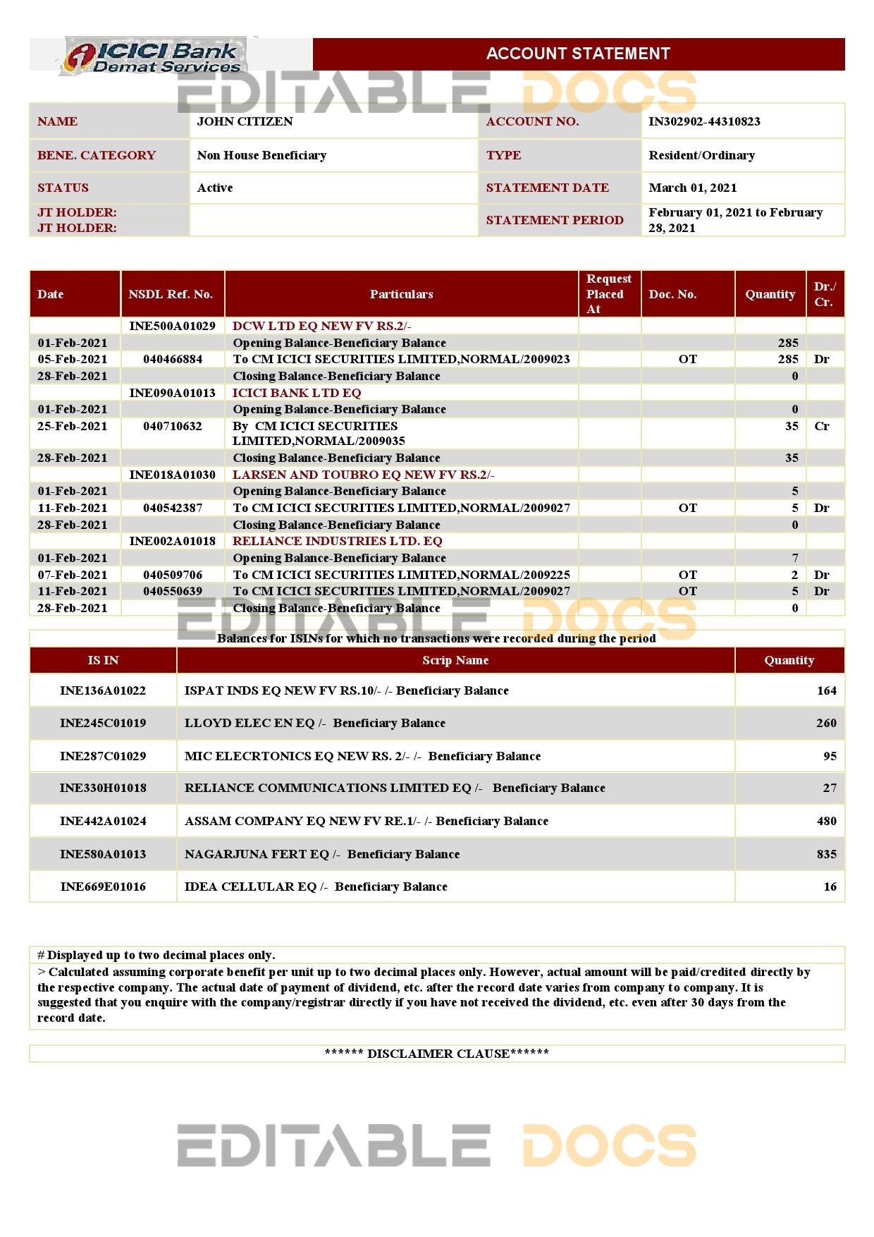 India ICICI Bank statement template in .doc and .pdf format