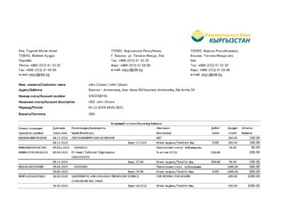 Kyrgyzstan Kirgizbank bank statement easy to fill template in Excel and PDF format