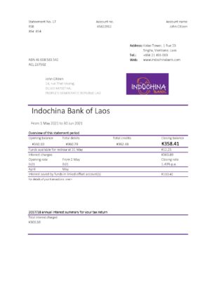 Laos Indochina Bank statement easy to fill template in Excel and PDF format