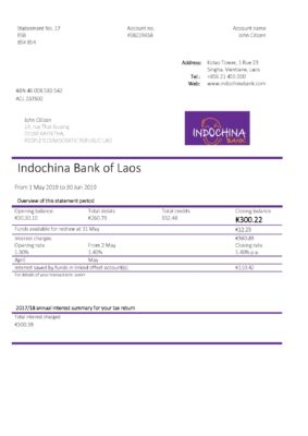 Laos Indochina Bank statement template in Word and PDF format