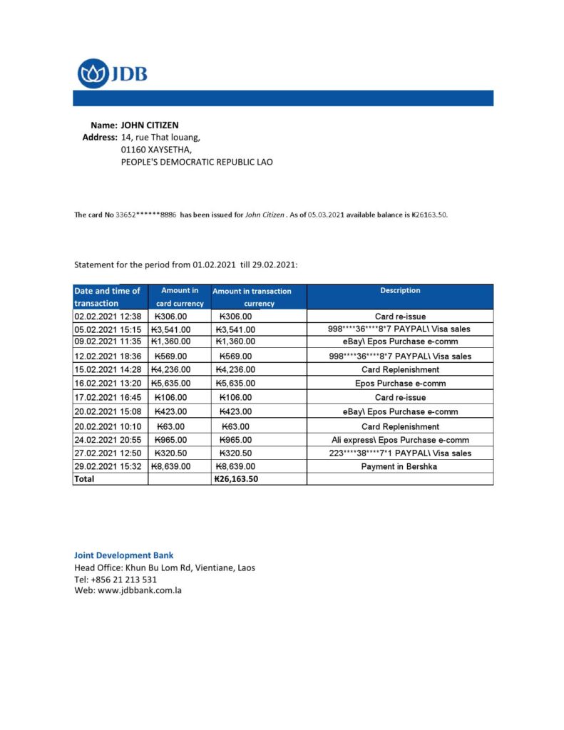 Laos Joint Development Bank (JDB) statement easy to fill template in .xls and .pdf file format