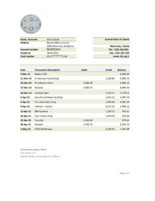 Liberia Central Bank of Liberia bank statement easy to fill template in .xls and .pdf file format
