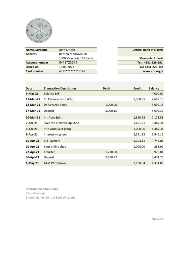 Liberia Central Bank of Liberia bank statement easy to fill template in .xls and .pdf file format