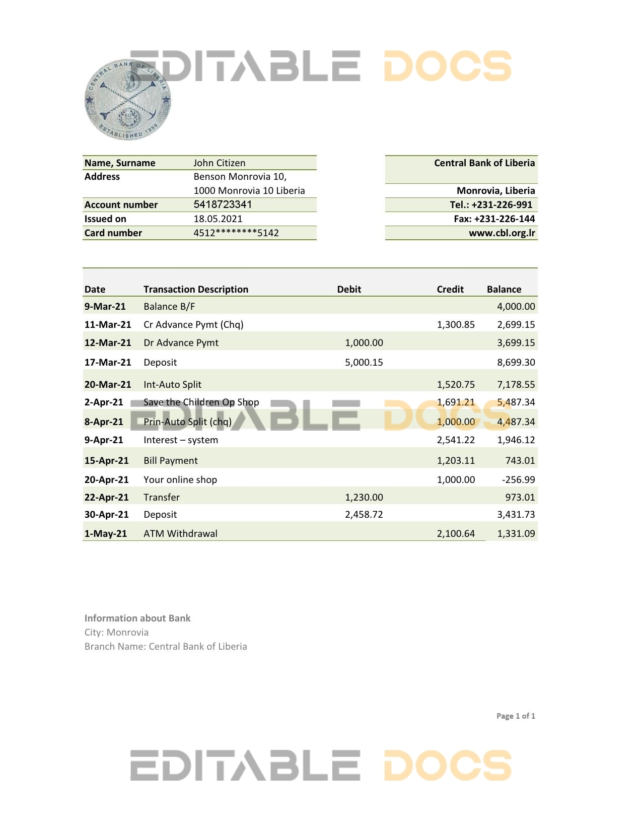 Liberia Central Bank of Liberia bank statement easy to fill template in .xls and .pdf file format