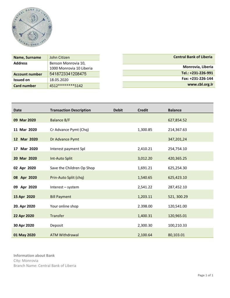 Liberia Central Bank of Liberia bank statement template in Word and PDF format
