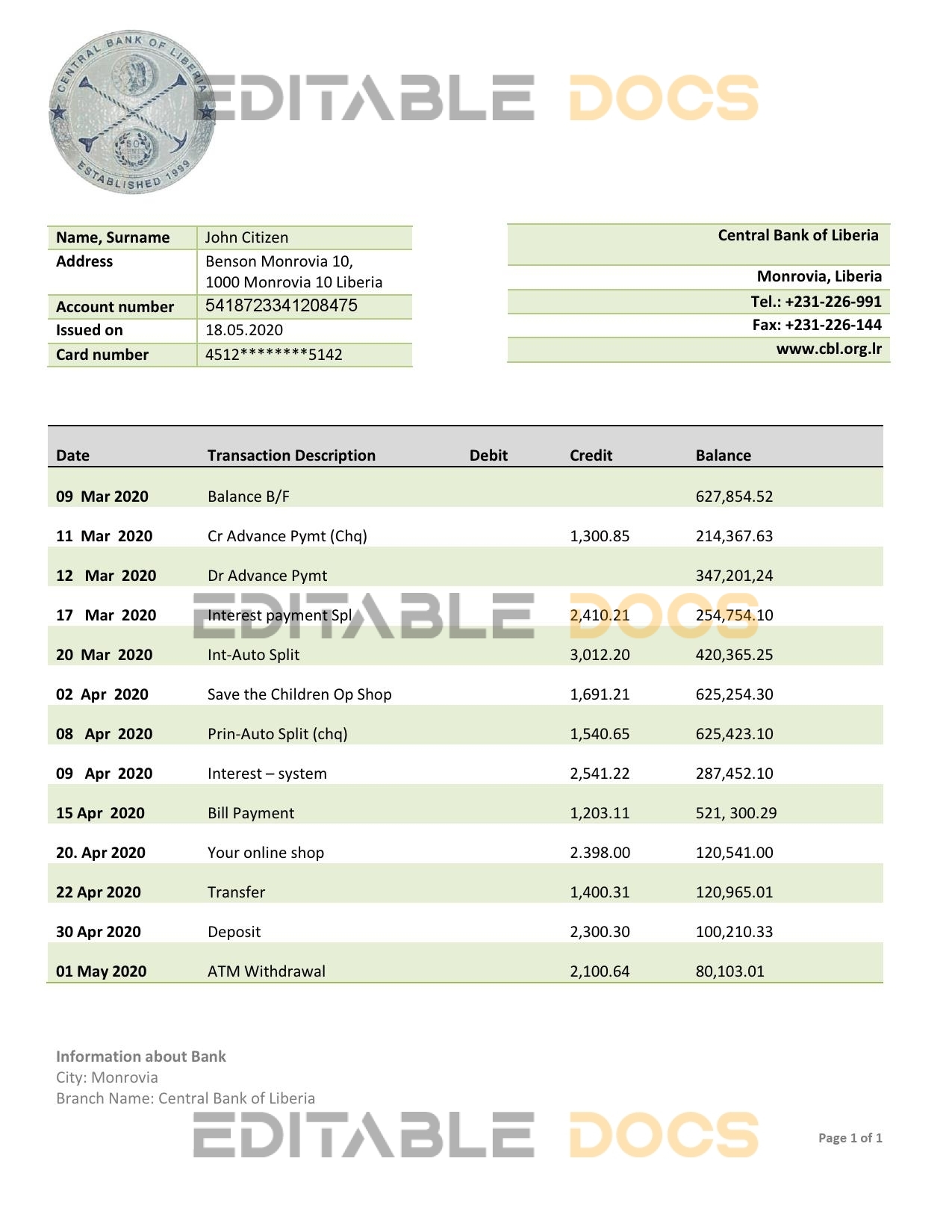 Liberia Central Bank of Liberia bank statement template in Word and PDF format