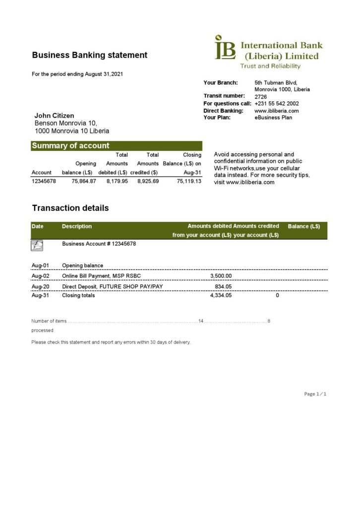 Liberia IB International Bank proof of address statement template in .xls and .pdf file format