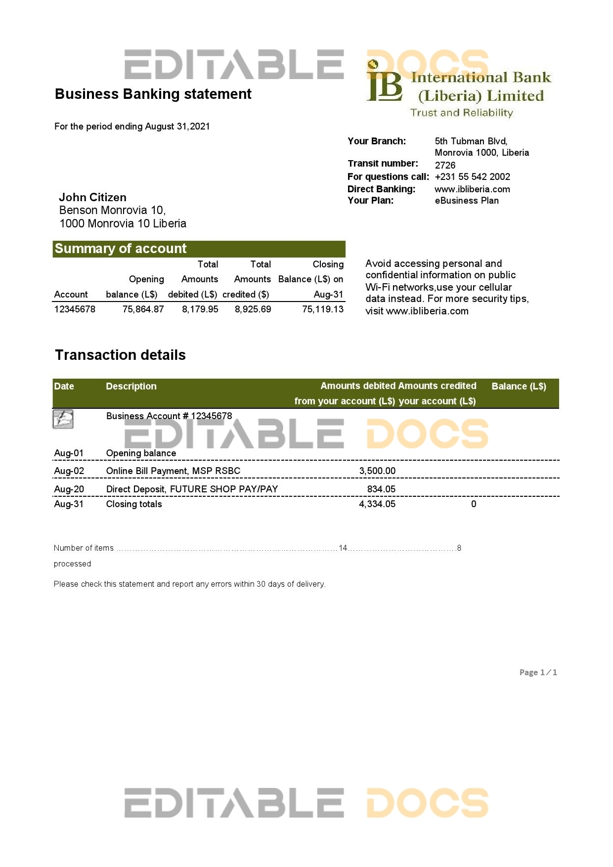 Liberia IB International Bank proof of address statement template in .xls and .pdf file format