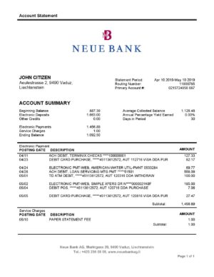 Liechtenstein Neue Bank AG proof of address statement template in Word and PDF format