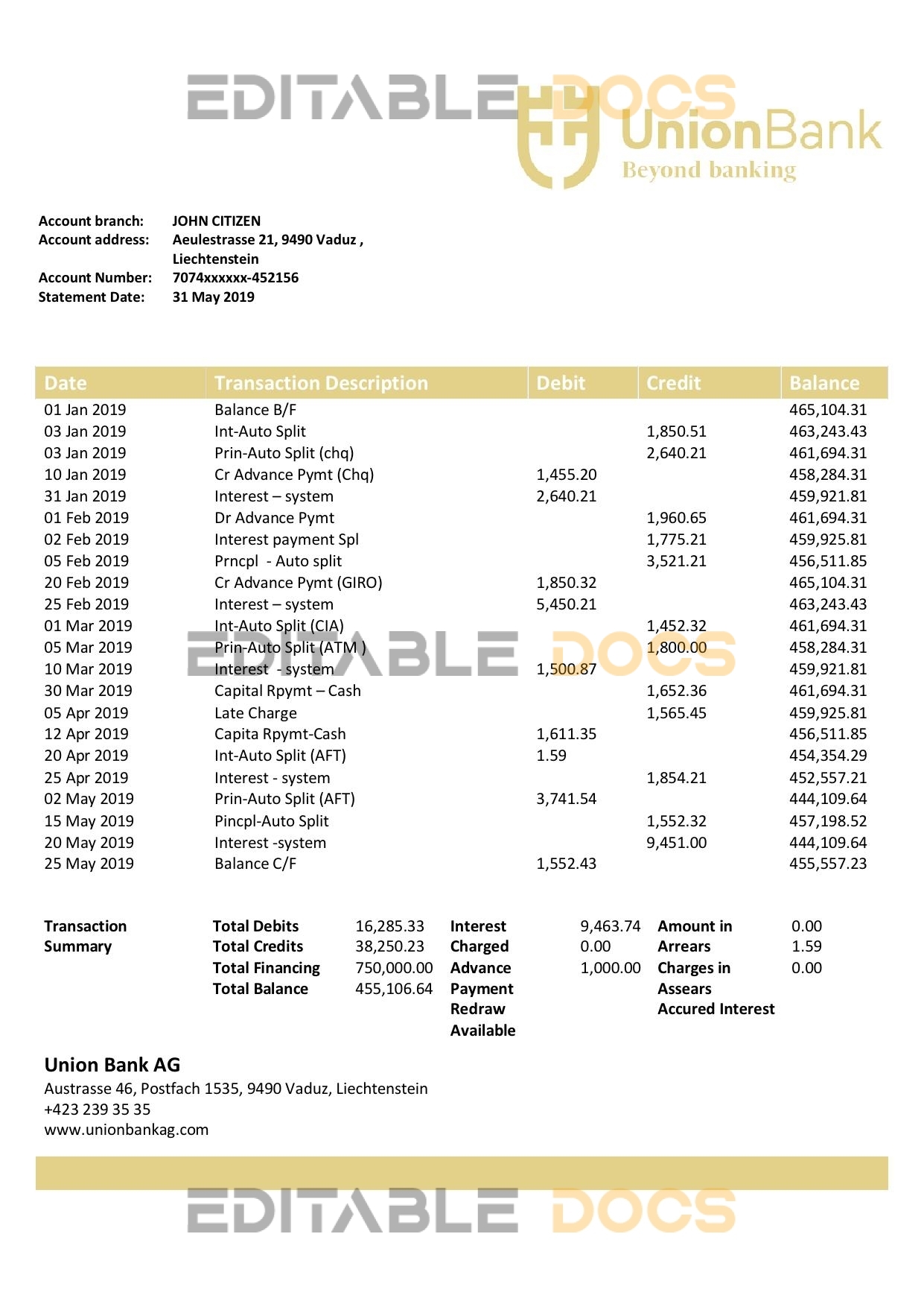 Liechtenstein Union Bank AG statement template in Word and PDF format