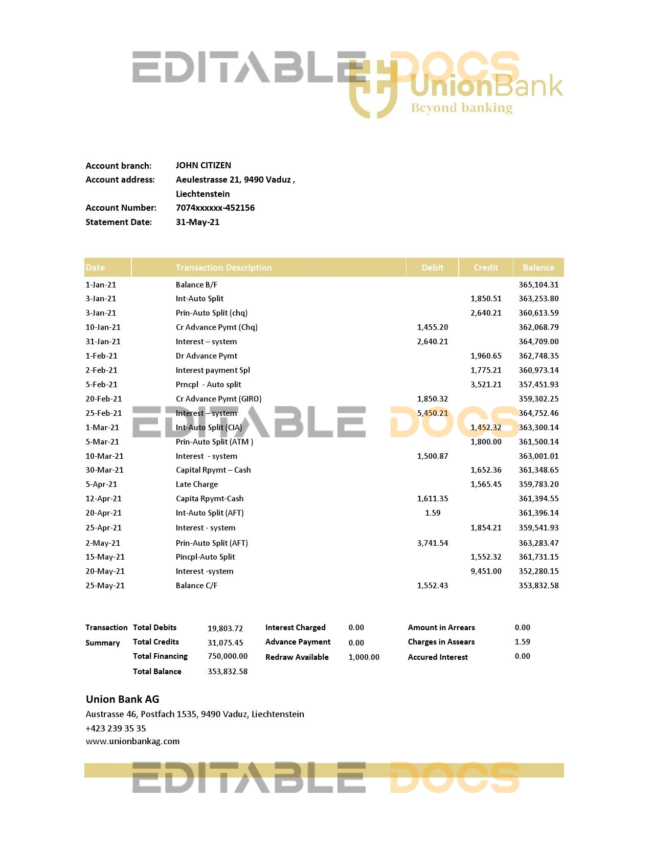 Liechtenstein Union Bank AG bank statement easy to fill template in Excel and PDF format