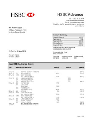 Luxembourg HSBC bank proof of address statement template in Word and PDF format, .doc and .pdf format
