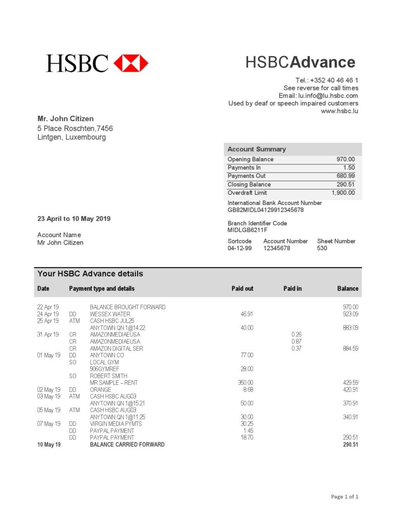 Luxembourg HSBC bank proof of address statement template in Word and PDF format, .doc and .pdf format
