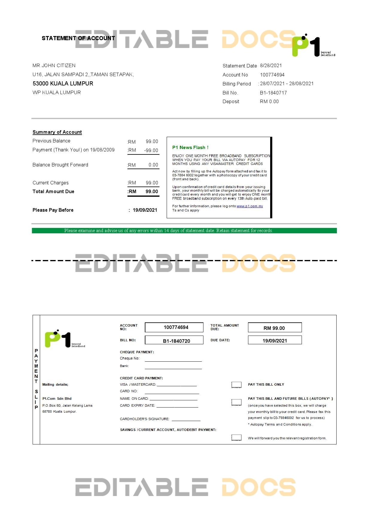 Malaysia Packet 1 Network bank statement template in Excel and PDF format (3 pages)