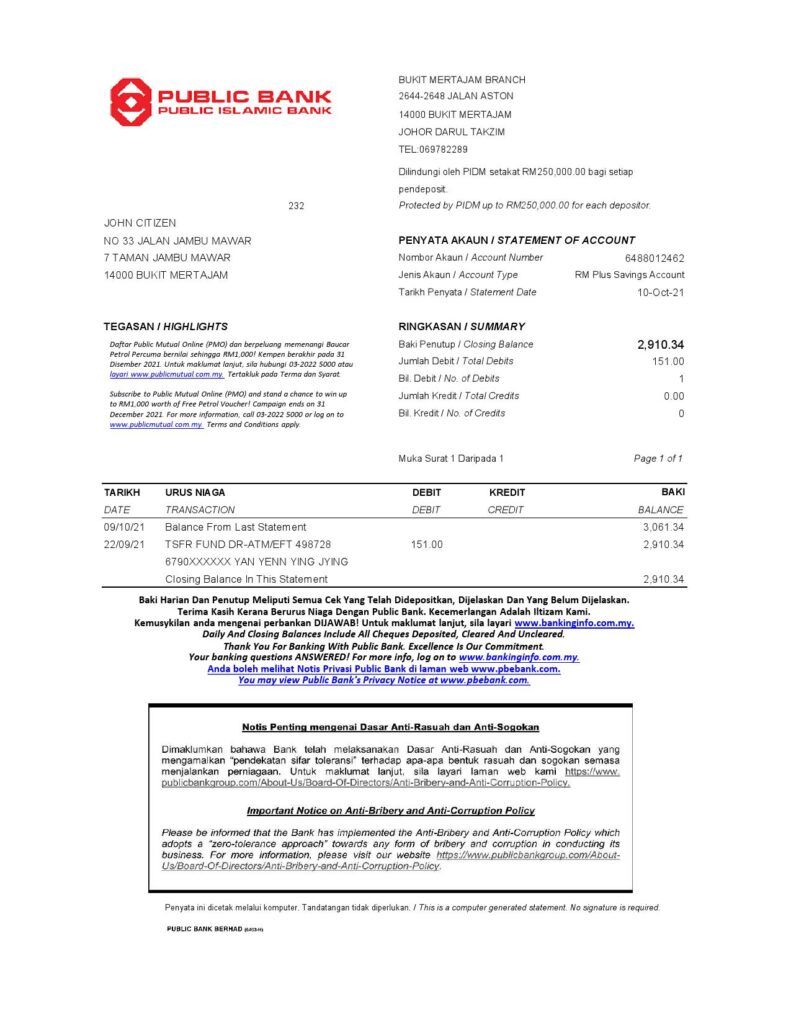 Malaysia Public Bank statement easy to fill template in Excel and PDF format