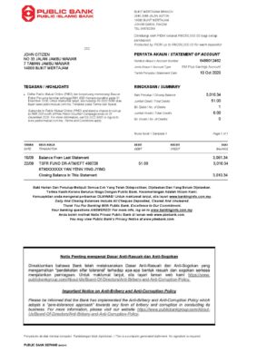 Malaysia Public bank statement template in Word and PDF format