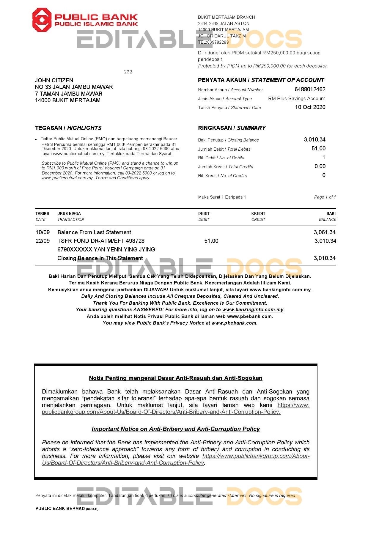 Malaysia Public bank statement template in Word and PDF format