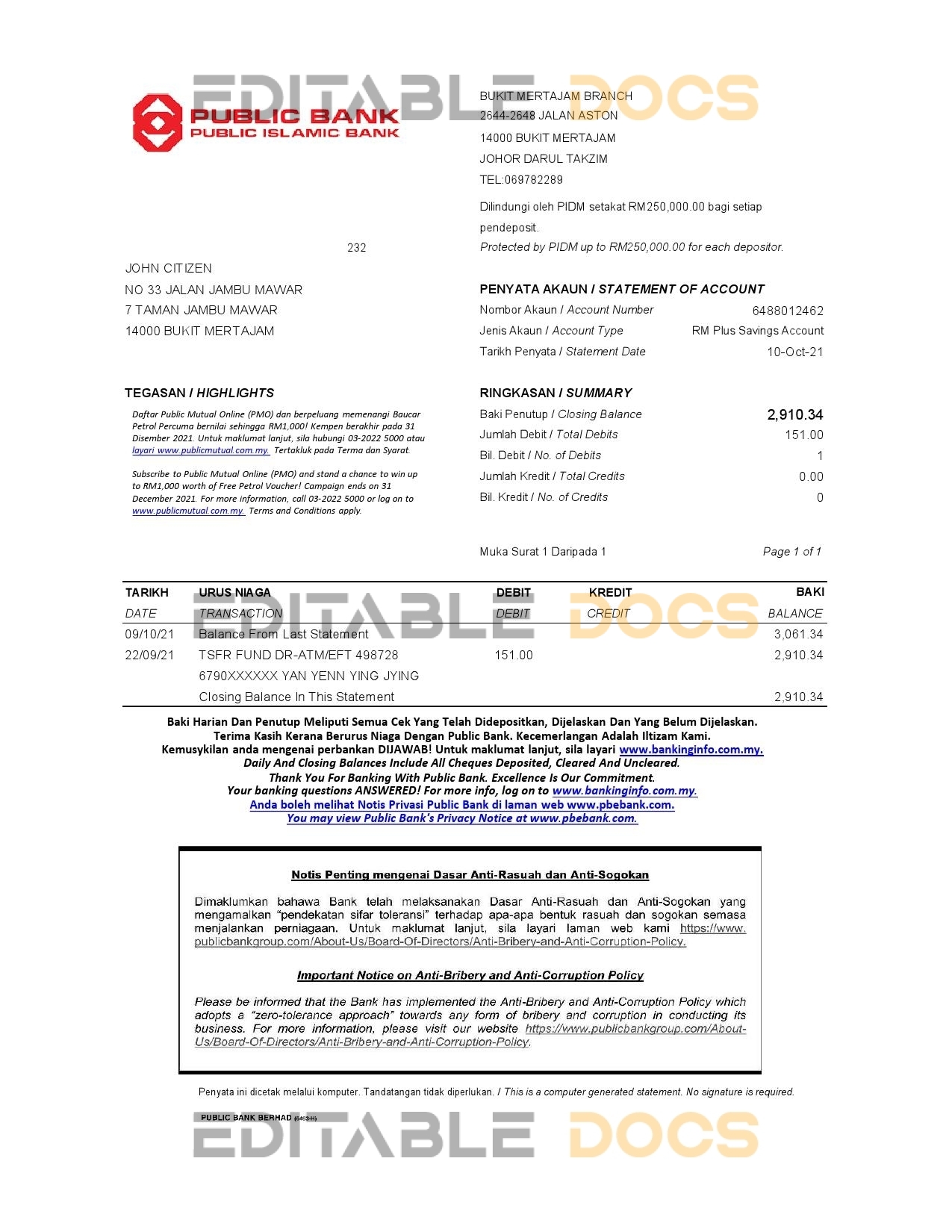 Malaysia Public Bank statement easy to fill template in Excel and PDF format