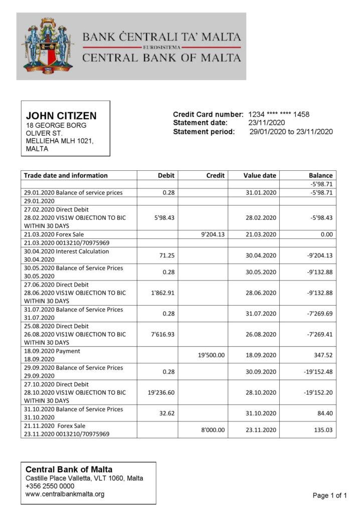 Malta Central Bank of Malta bank statement template in Word and PDF format