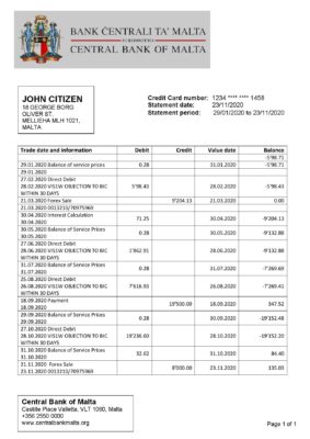 Malta Central Bank of Malta bank statement template in Word and PDF format