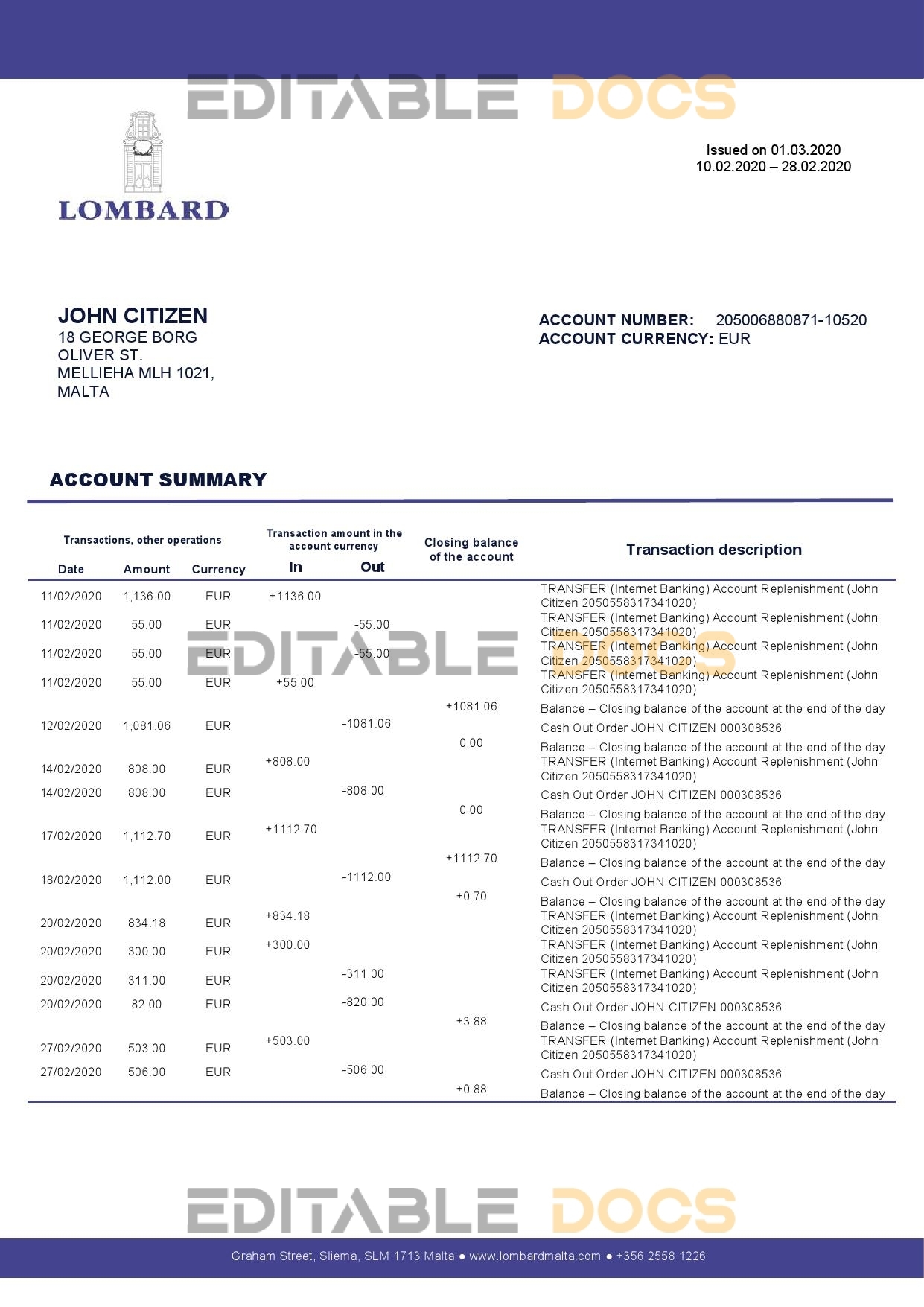 Malta Lombard Bank Malta p.l.c bank statement template in Word and PDF format