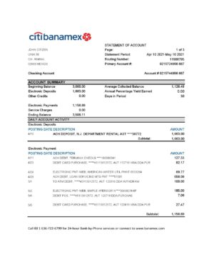 Mexico Citibanamex bank statement easy to fill template in .xls and .pdf file format