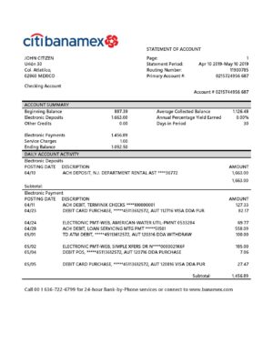 Mexico Citibanamex bank proof of address statement template in Word and PDF format