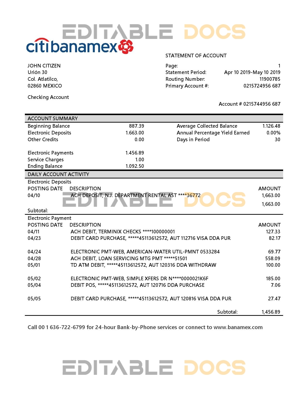 Mexico Citibanamex bank proof of address statement template in Word and PDF format