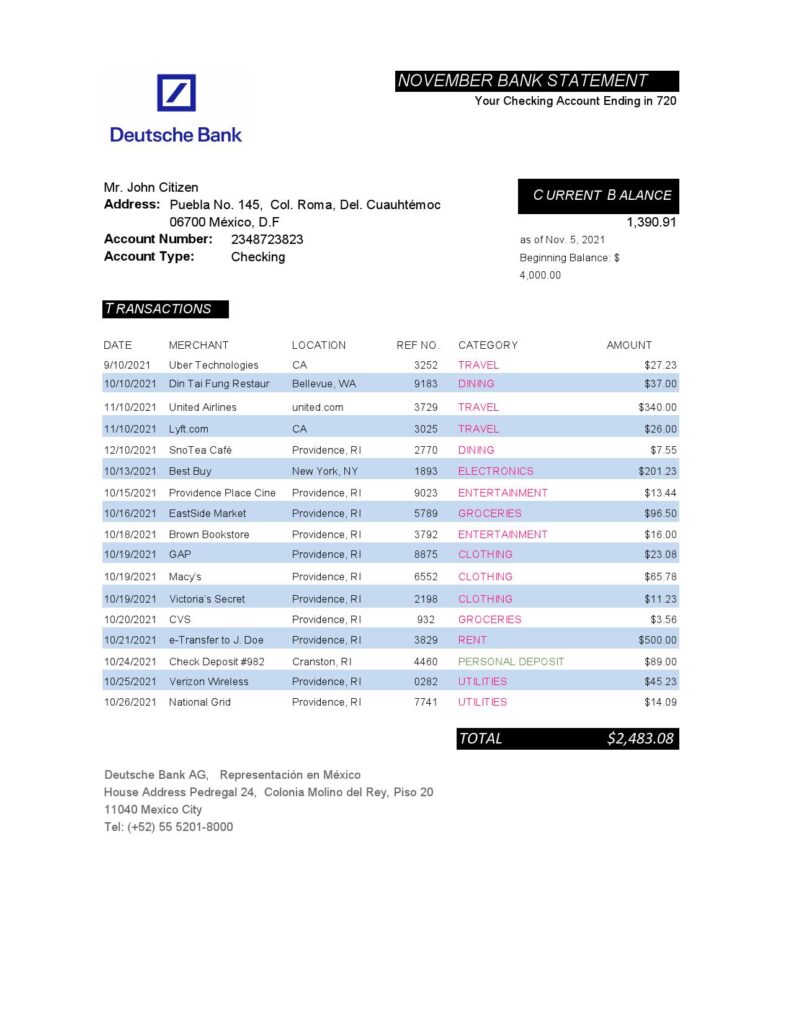 Mexico Deutsche bank statement easy to fill template in Excel and PDF format