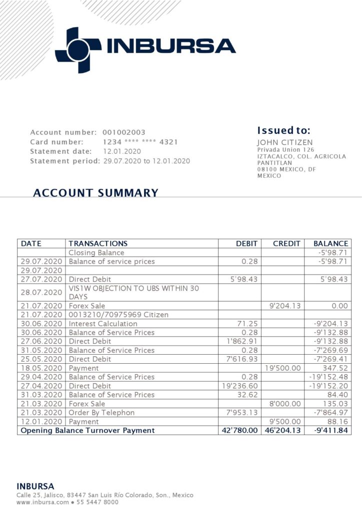 Mexico Inbursa Bank statement template in Word and PDF format, good for address prove