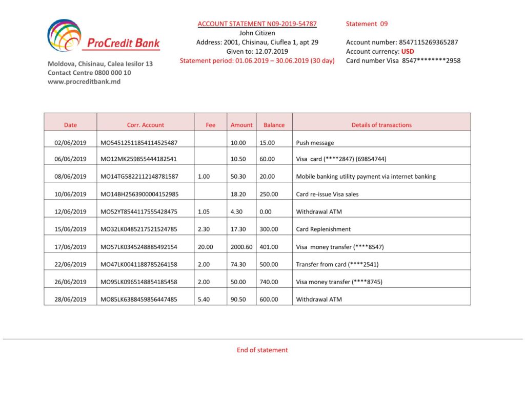 Moldova ProCredit Bank statement template in Word and PDF format