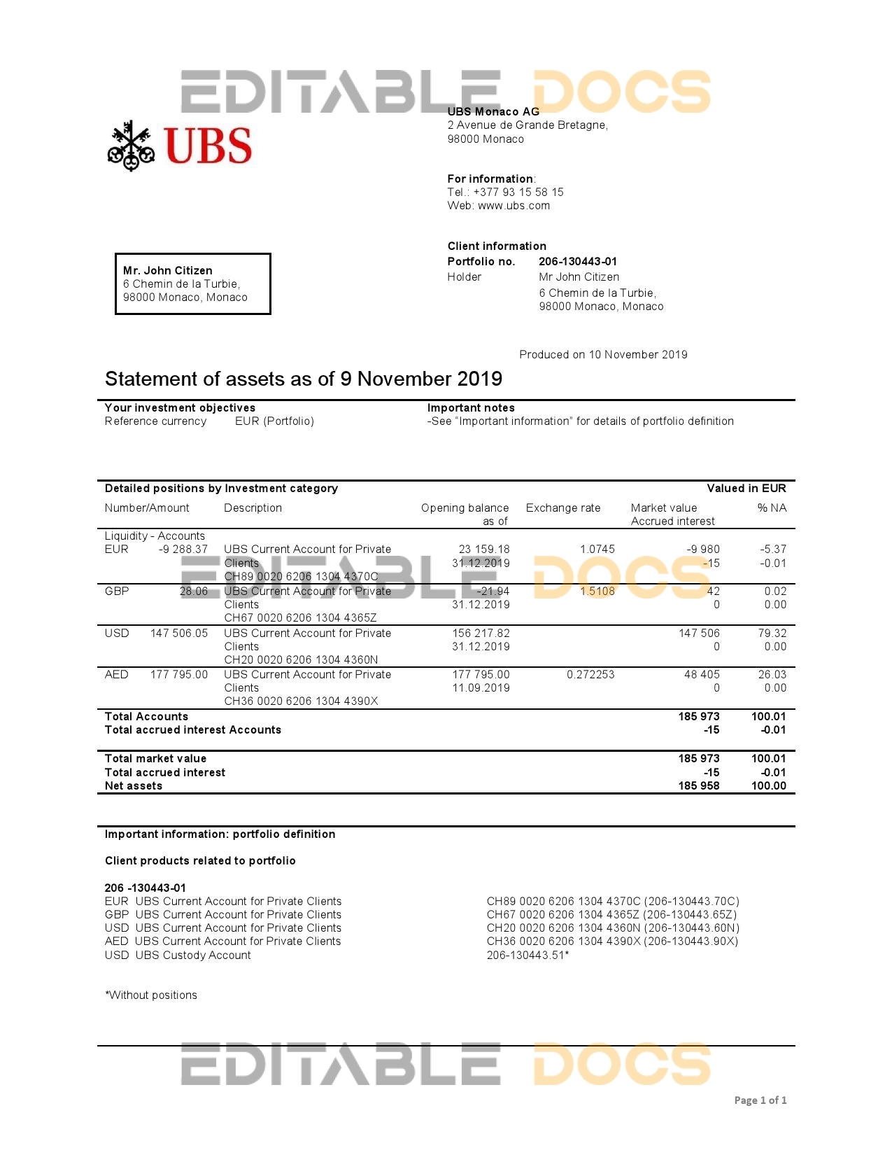 Monaco UBS bank proof of address statement template in Word and PDF format (.doc and .pdf)