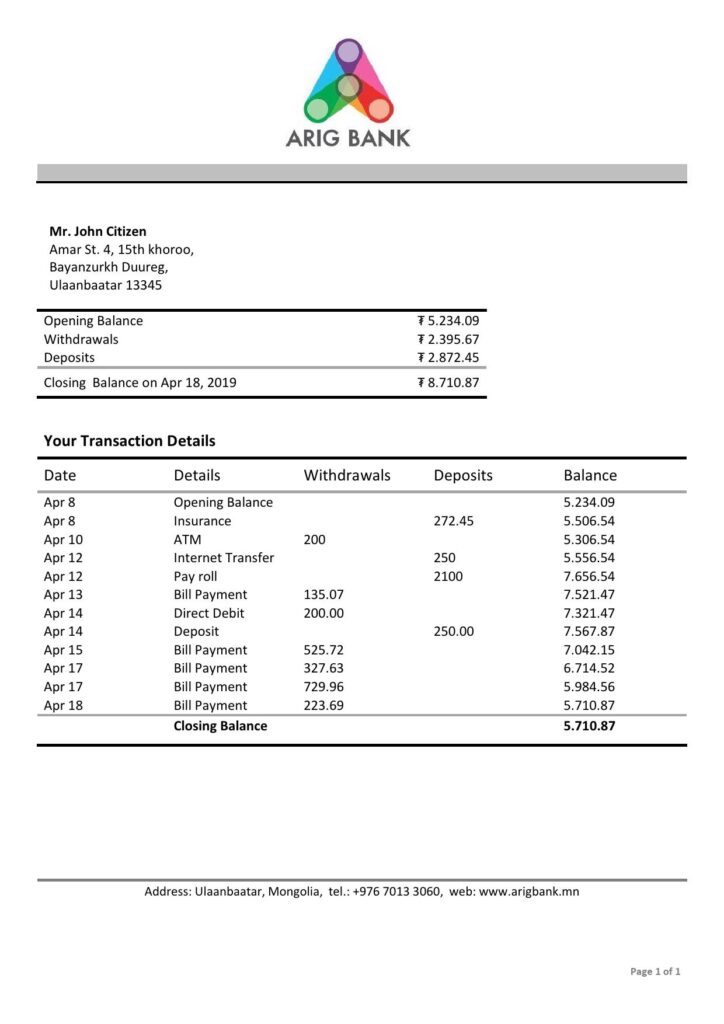 Mongolia Arig Bank proof of address statement template in Word and PDF format