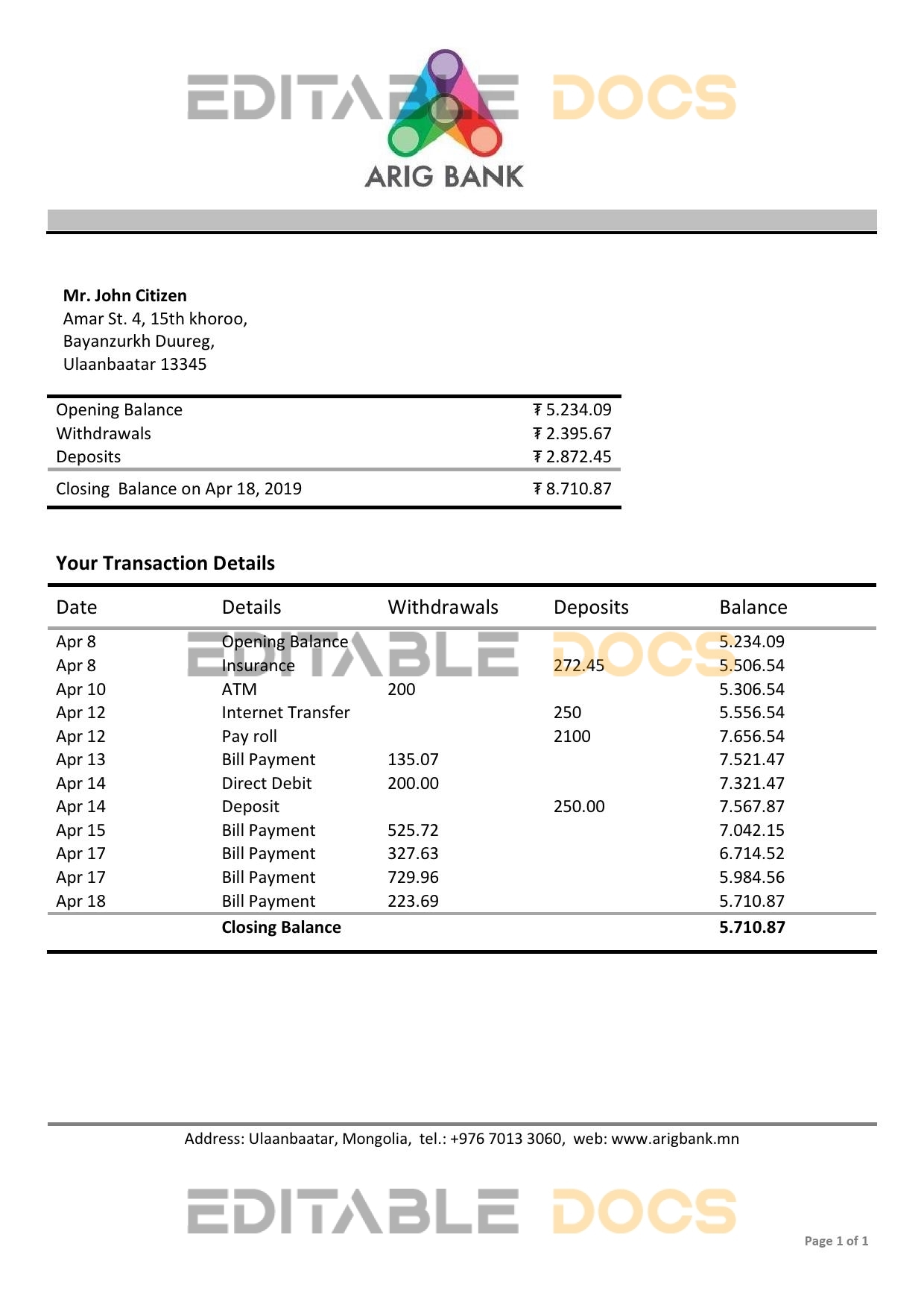 Mongolia Arig Bank proof of address statement template in Word and PDF format