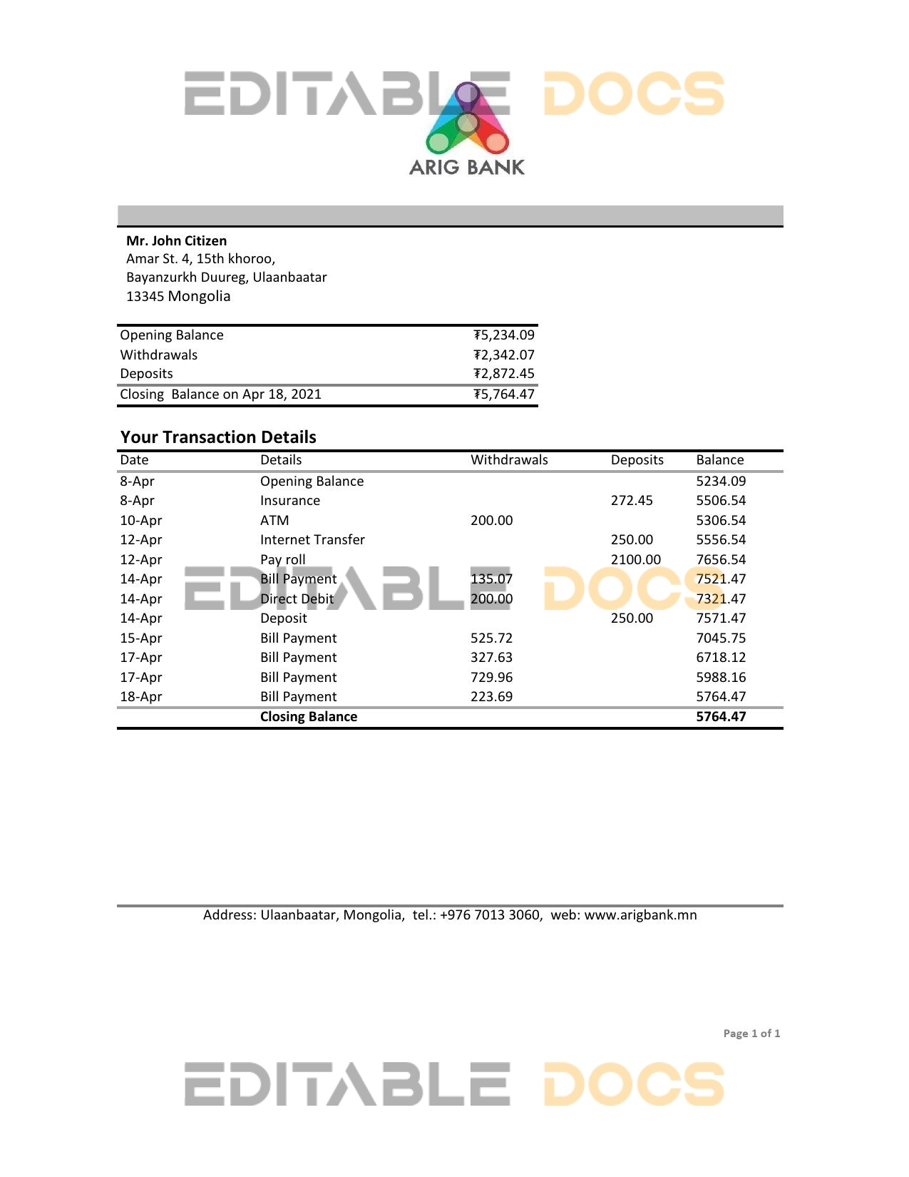 Mongolia Arig Bank statement easy to fill template in .xls and .pdf file format