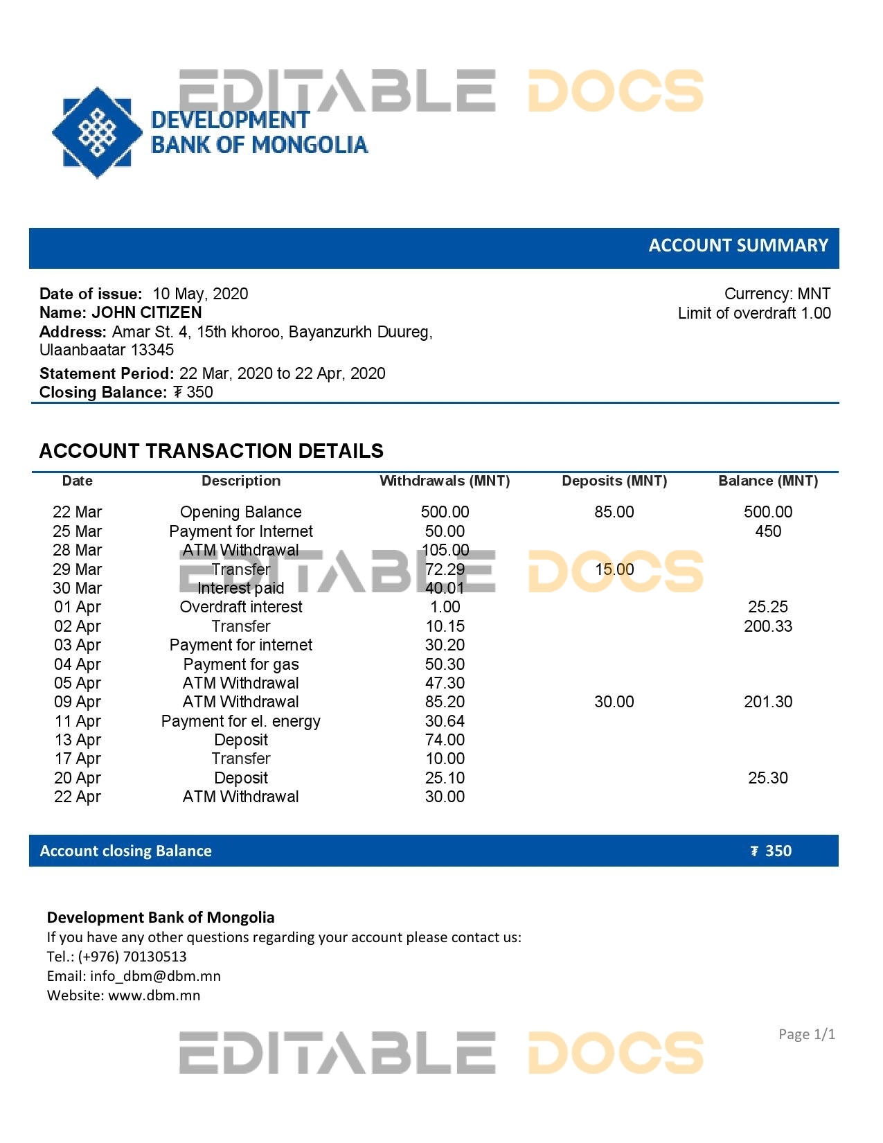 Mongolia Development Bank of Mongolia bank statement template in Word and PDF format