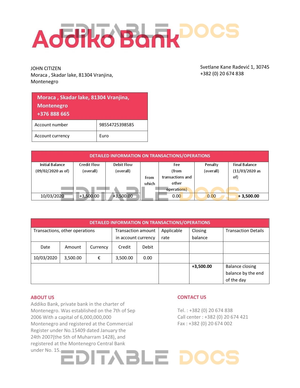 Montenegro Addiko Bank proof of address statement template in Word and PDF format, .doc and .pdf format
