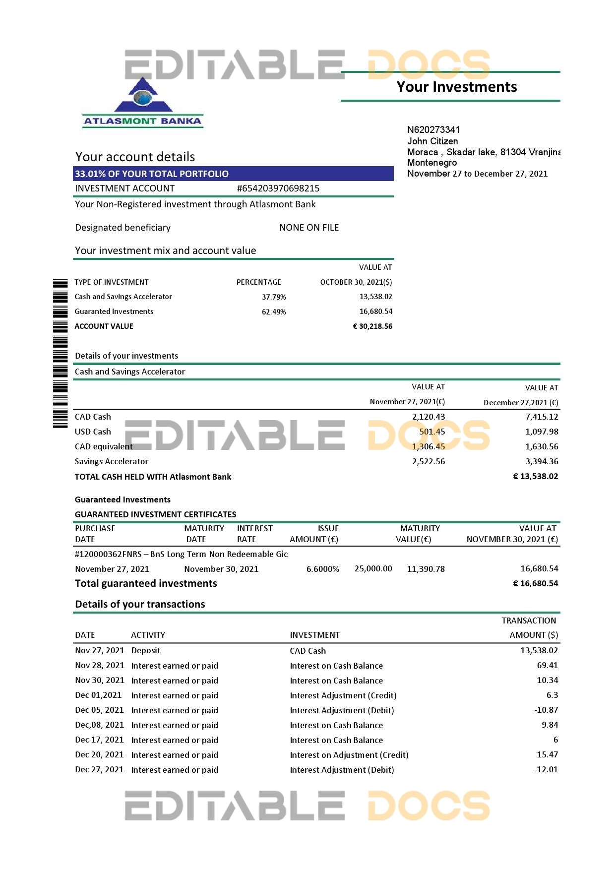 Montenegro Atlasmont Bank statement template, Excel and PDF format (.xls and .pdf)