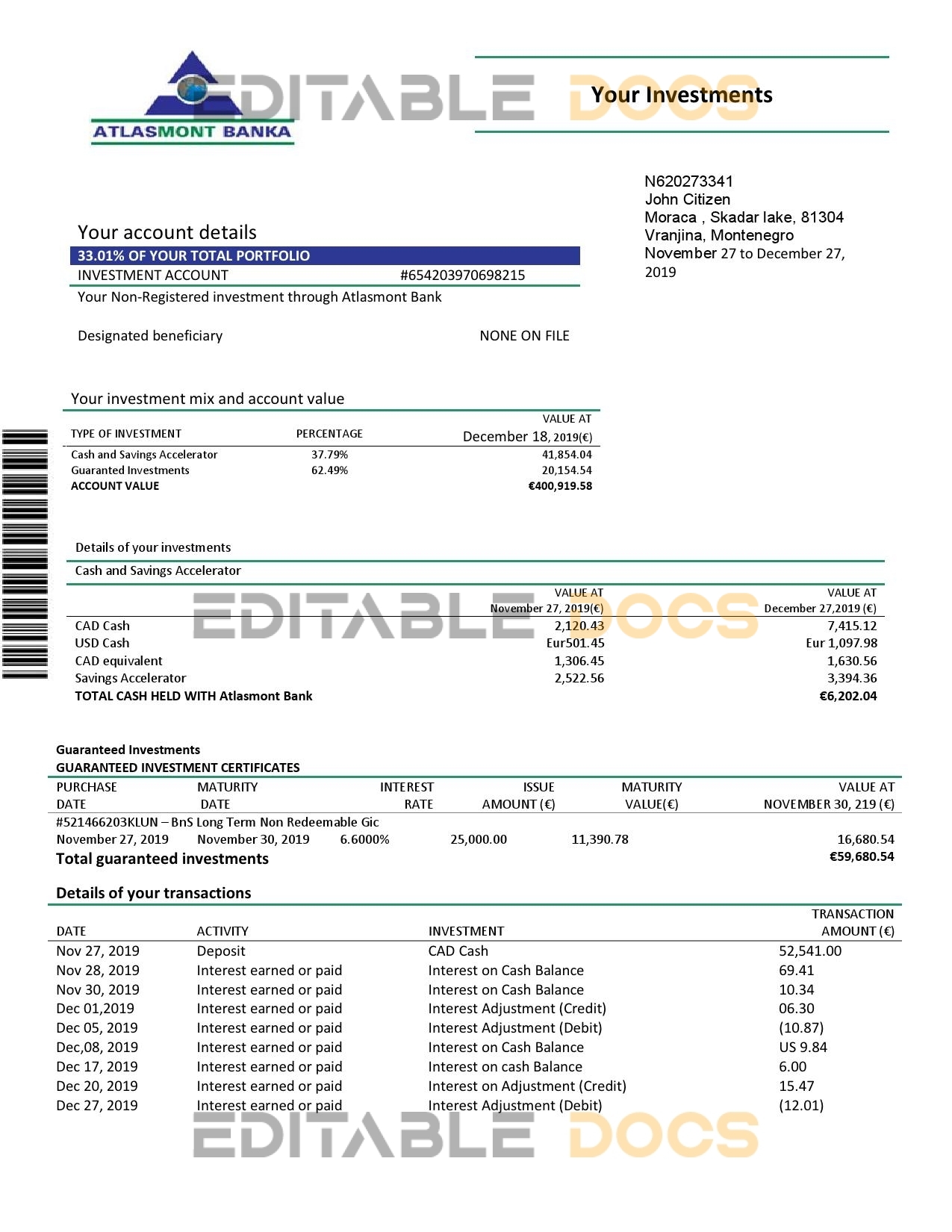 Montenegro Atlasmont Bank statement template, Word and PDF format (.doc and .pdf)