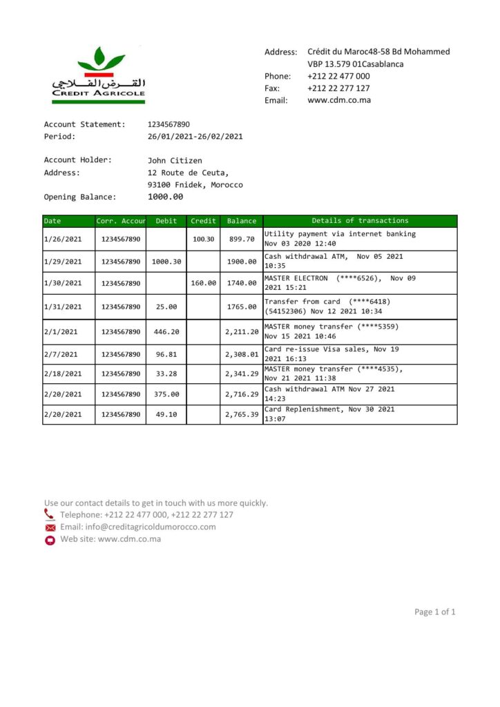 Morocco Credit Agricole Bank statement template in Excel and PDF format