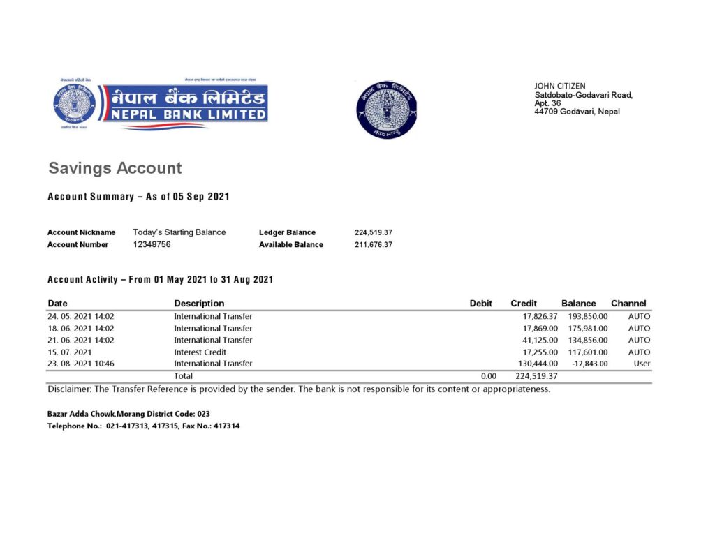 Nepal Bank Nepal bank statement easy to fill template in Excel and PDF format