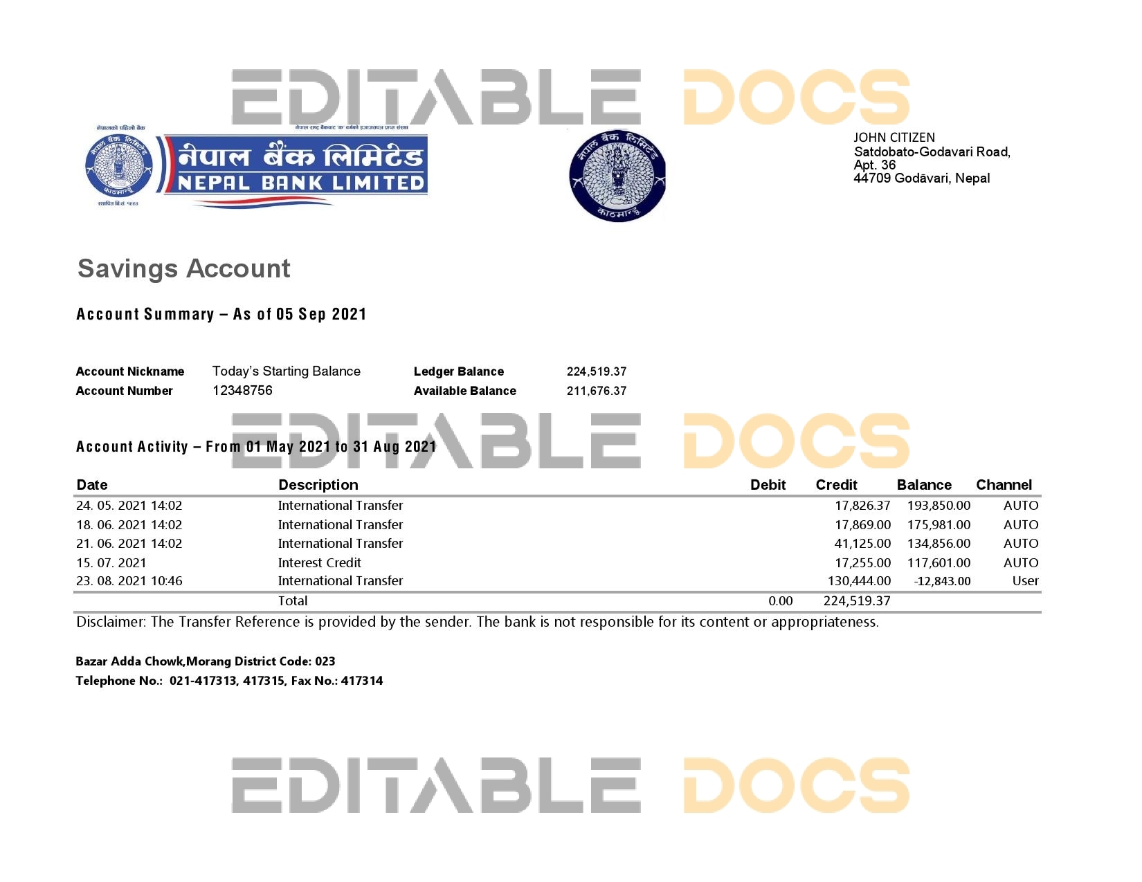 Nepal Bank Nepal bank statement easy to fill template in Excel and PDF format