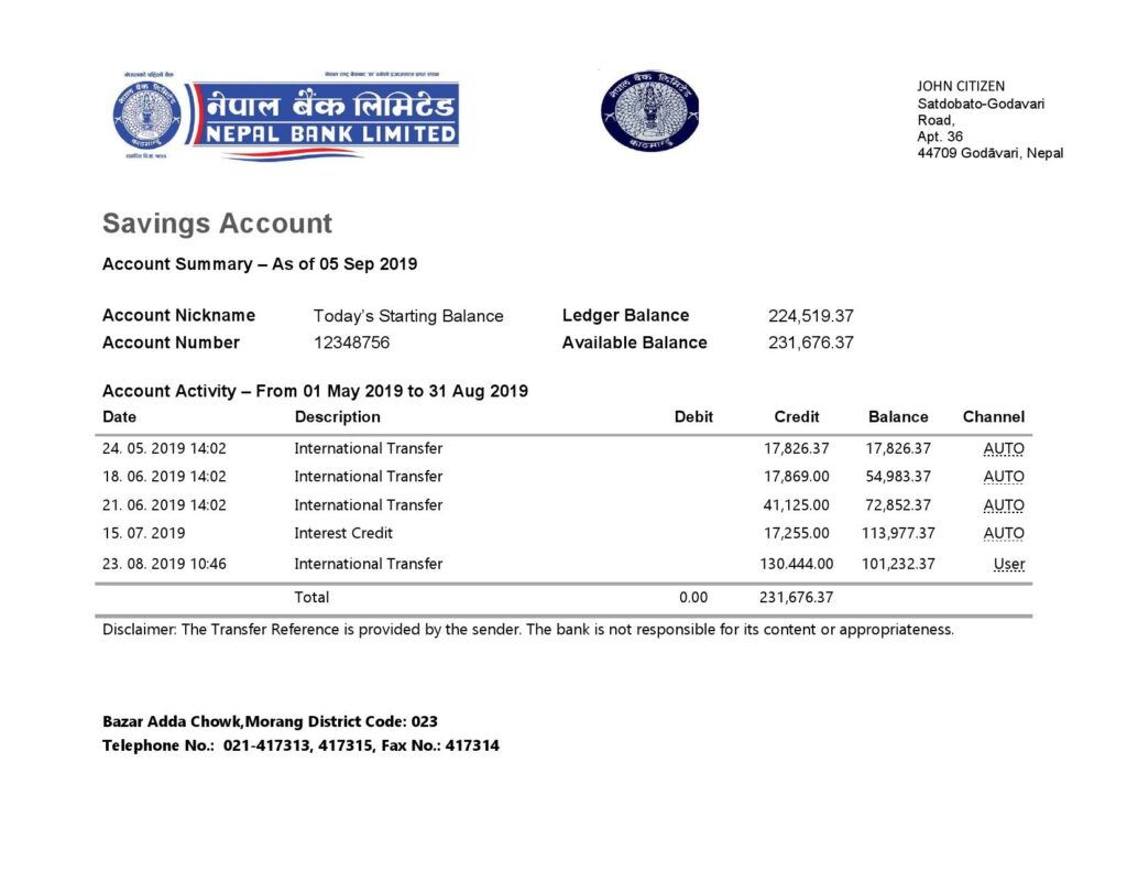 Nepal Bank Nepal statement template in Word and PDF format