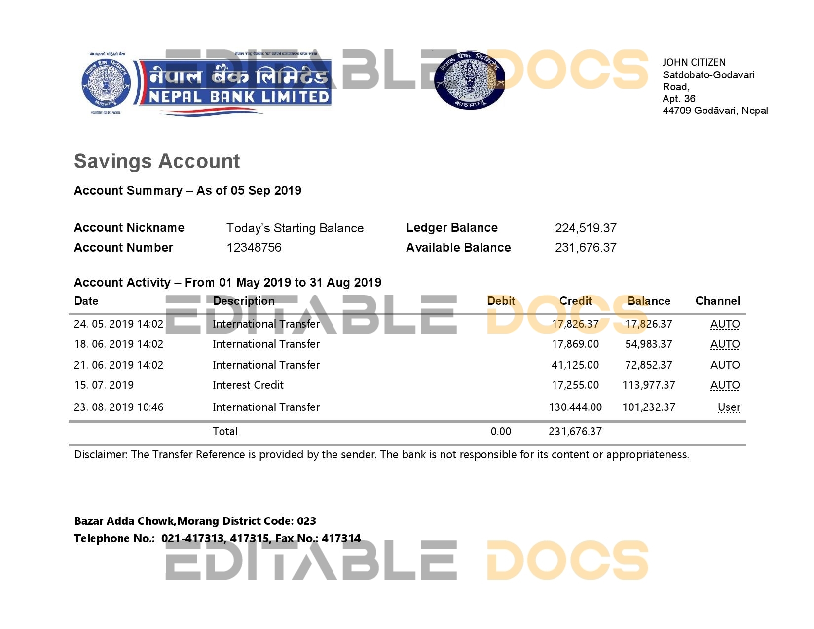 Nepal Bank Nepal statement template in Word and PDF format