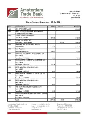 Netherlands Amsterdam Trade Bank statement template in Excel and PDF format